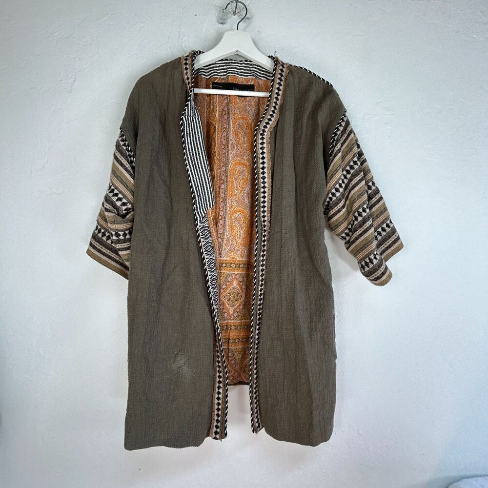 Zara Basic Khaki Green Embroidered Open Kimono Robe Jacket Medium Ramie Blend